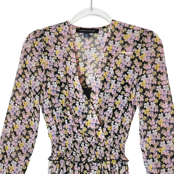 Tommy Hilfiger Sheer Bon Sorbonne Floral Hanky Hem Dress Midi Maxi Pink Black XS - Picture 3 of 16